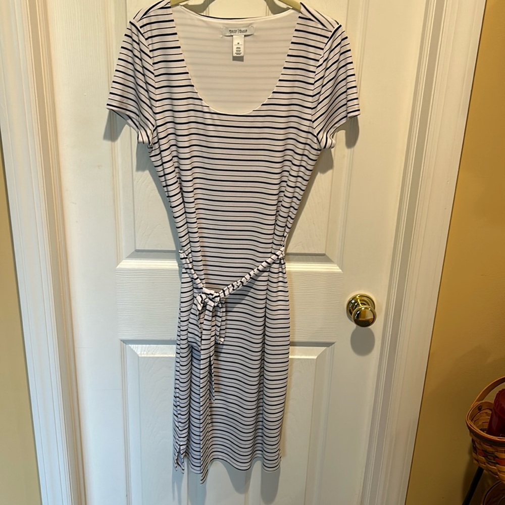 White House Black Market- belted dress white with thin black stripes